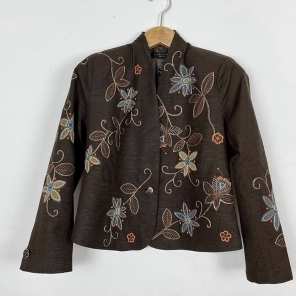 EUC Silk‎ Land Petite Women’s Silk Blend Brown Blazer Embroidered Size Large